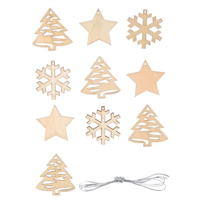 Set Decorațiuni Crăciun, Lemn, Brazi și Fulgi, Natur, 3.5cm, 10 Bucăți