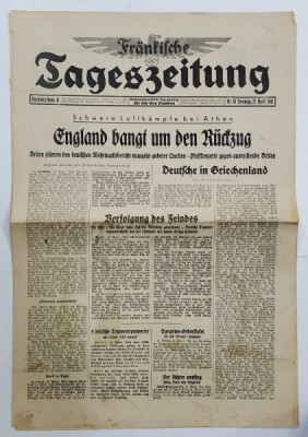 FRANKISCHE TAGESZEITUNG , NATIONALSOZIALISTISCHE TAGZEITUNG FUR DEN GAU FRANKEN , NR. 93 ,22 APRIL , 1941 foto