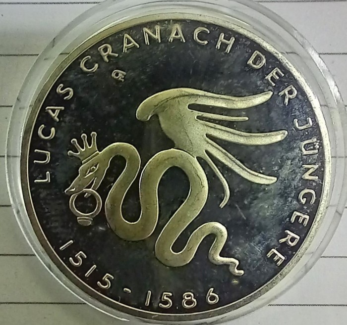 (A110) MONEDA DIN ARGINT GERMANIA - 10 EURO 2015, LIT. G, 150 ANI DE LA NASTEREA LUI LUCAS CRANACH CEL TANAR, STARE PROOF