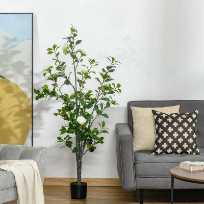 HOMCOM Planta Artificiala Arbore Camelia cu Ghiveci si 25 Flori pentru Interior si Exterior, Inaltime 150cm - Verde/Alba foto