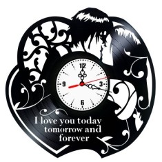 Ceas de Perete Decorativ &ldquo;Forever Love &ndash; Infinity Bond&rdquo;, din Disc Vinil Reciclat, Design Romantic cu Cuplu și Flori, Negru, Mecanism Silențios (Sweep)