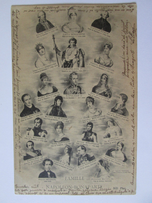 Carte poștala arbore genealogic familia Napoleon-Bonaparte circulată 1908