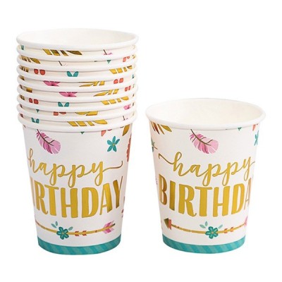 Set 10 pahare, flippy, imprimeu happy birthday gold, din carton, 250 ml, 7.5 x 8.5 x 5.2 cm, multicolor foto