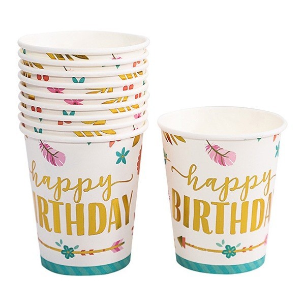 Set 10 pahare, flippy, imprimeu happy birthday gold, din carton, 250 ml, 7.5 x 8.5 x 5.2 cm, multicolor