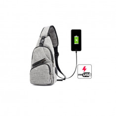 Geanta crossbody, umar sau piept cu port de incarcare USB-Culoare Gri