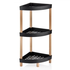 Etajera de colt Shopiens&amp;reg; cu picioare de lemn si 3 rafturi de plastic de culoare neagra si baza cu gauri, 33x33x80 cm foto