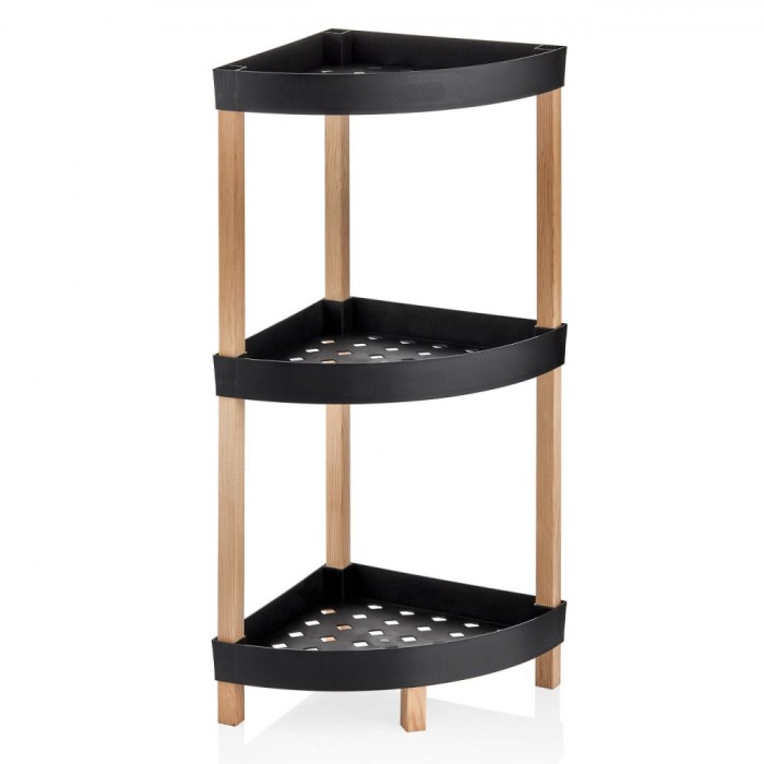 Etajera de colt Shopiens&reg; cu picioare de lemn si 3 rafturi de plastic de culoare neagra si baza cu gauri, 33x33x80 cm