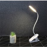 Lampa de birou, LED, alimentare USB, prindere tip clama, din ABS, brat flexibil, buton On/Off, lumina rece, alb