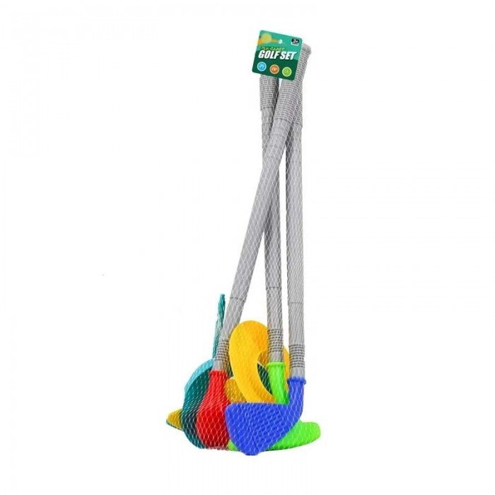 Set Mini Golf Pentru Copii, 3 Crose si 2 Mingi, 2 Gauri, 2 popice, 50 cm, Multicolor, +3 ani