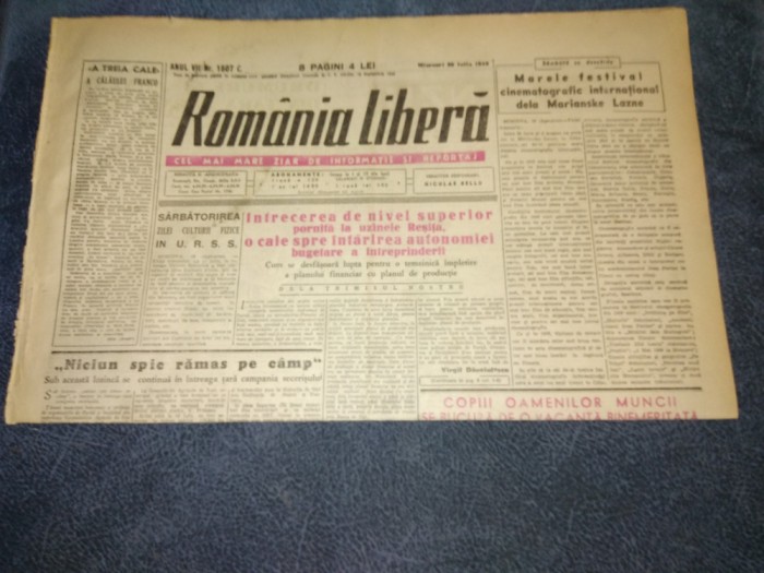 ZIARUL ROMANIA LIBERA 20 IULIE 1949