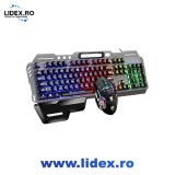 Kit Gaming Tastatura Mecanica si Mouse cu Fir Ilumanre Rainbow RGB, Golxmse, 104 Butoane, iluminare ajustabila, Design Ergonomic, Rezistenta la Apa, A