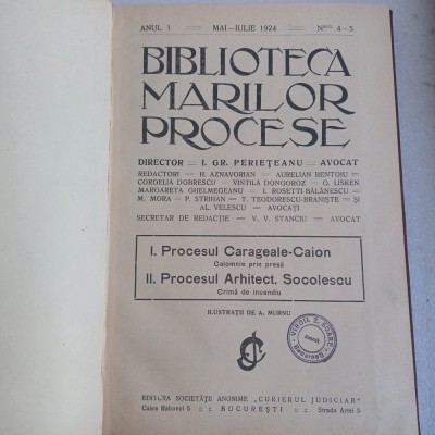 BIBLIOTECA MARILOR PROCESE-PROCESUL CARAGEALE-CAION SI PROCESUL SOCOLESCU 1924S3 foto