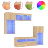 Unitati de perete TV cu LED-uri, 5 piese, stejar sonoma, lemn