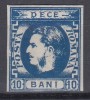 ROMANIA 1869 LP 26 REGELE CAROL I CU FAVORITI 10 BANI ALBASTRU LIPSA GUMA SARNIERA, Nestampilat