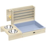 PawHut Suport pentru F&acirc;n din Lemn pentru Iepuri Hrănitor Iepure 3 &icirc;n 1 cu Tavă pentru Așternut și Sticlă de Apă 58x40x32cm Lemn Natural | Aosom Romani