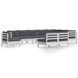 Set mobilier gradina cu perne, 10 piese, alb, lemn masiv pin