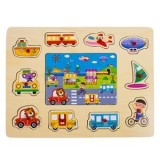 Puzzle din Lemn cu Manere, Drum cu Vehicule de Transport, 10 Piese, 30x22cm, Multicolor, CMCLASS