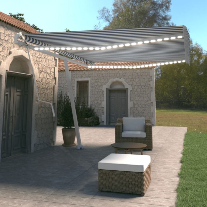 Copertină automată cu LED&amp;senzor v&acirc;nt, albastru&amp;alb, 500x350 cm