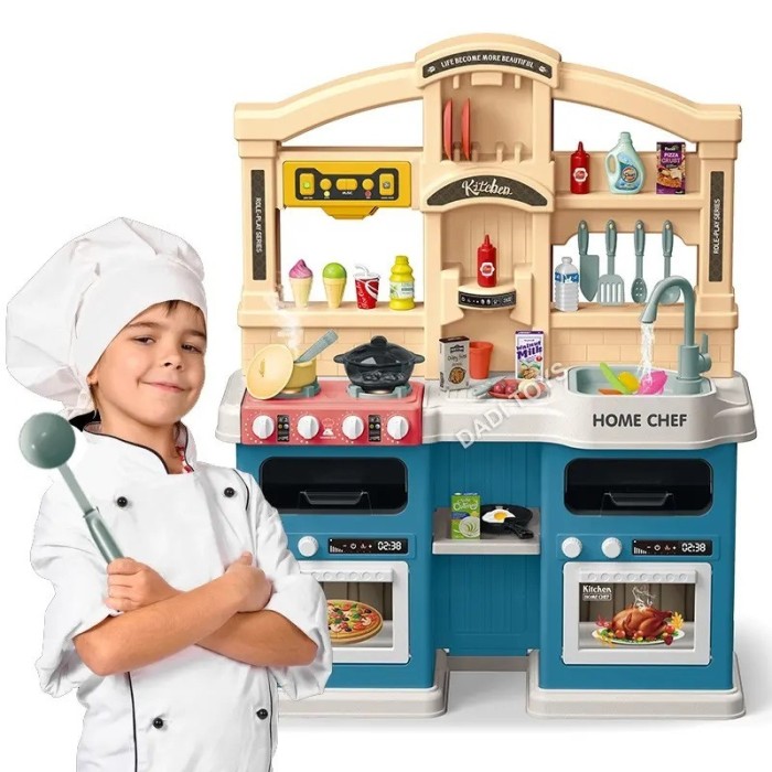 Bucatarie pentru copii WePro Store, lumini si sunete reale, functie de apa curgatoare si abur, 77 accesorii de gatit, Albastra, 3 ani +