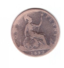 Moneda Marea Britanie 1 penny 1892, uzata, curata