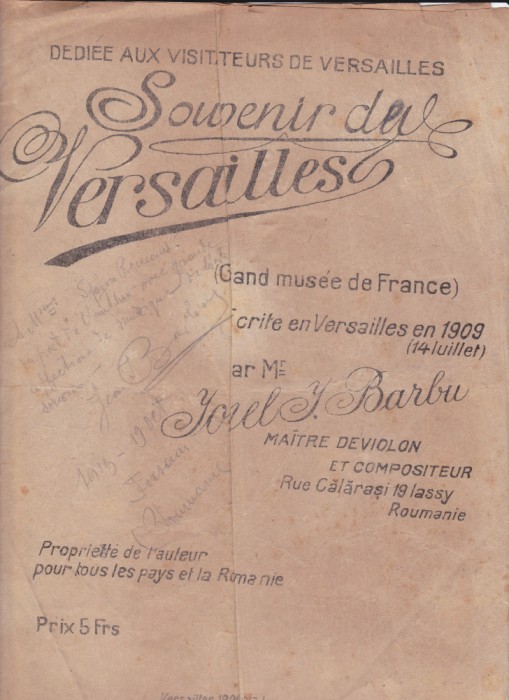 AS @ - PARTITURA - SOUVENIR DE VERSAILLES - IONEL BARBU, pentru pian, cu autograf si dedicatie,.... cu versuri compuse ca dedicatie