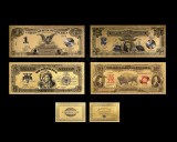 SUA SET 4 BANCNOTE 1,2,5 DOLARI 1899 &amp; 10 DOLARI 1901 (REPLICI / REPRODUCERi / SUVENIR) POLIMER (PLASTIC) PLACATE CU AUR 24K