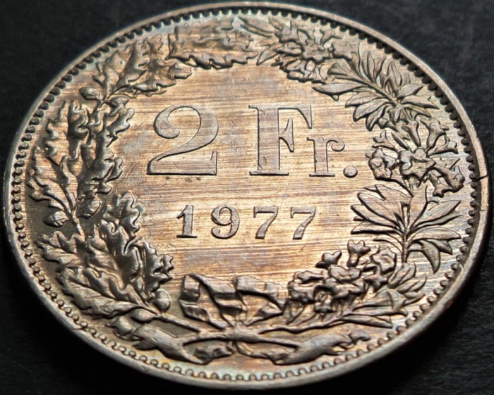 Moneda 2 FRANCI ELVETIENI - ELVETIA, anul 1977 *cod 4702 - PATINA SUPERBA