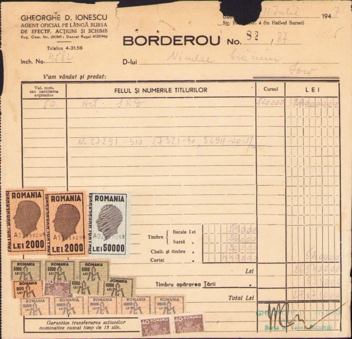 A1091 Borderou agent oficial pe l&acirc;ngă bursă, 1947, timbrat