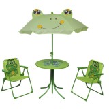 Set Bistro Copii Gradina vidaXL Verde, 3 Piese: Masa, Umbrela, 2 Scaune Pliabile, Otel/Poliester, Diametru 105 cm, 38x28x50 cm