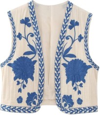 ivimos Vesta decupata din bumbac pentru femei, primavara, vara, fara maneci, broderie florala, fa?a deschisa, vintage, cardigan alb-albastru mare foto