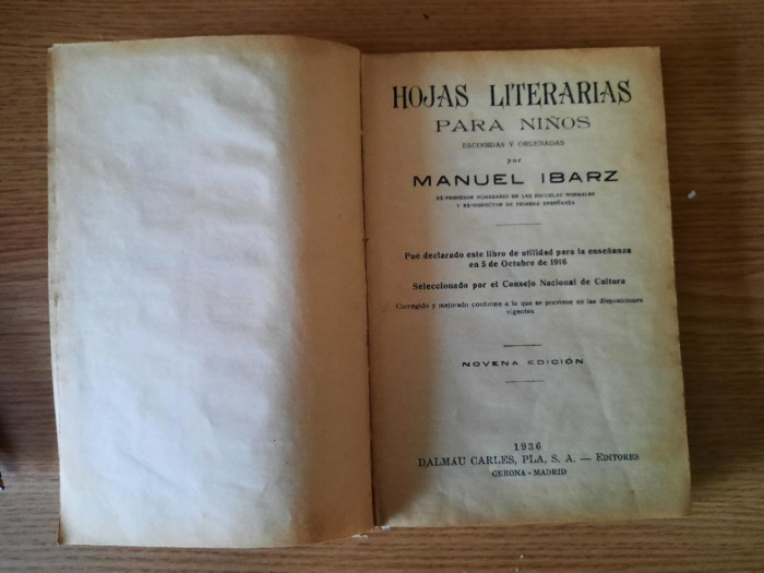 HOJAS LITERARIAS PARA NINOS par MANUEL IBARZ &ndash; RARA (1936)