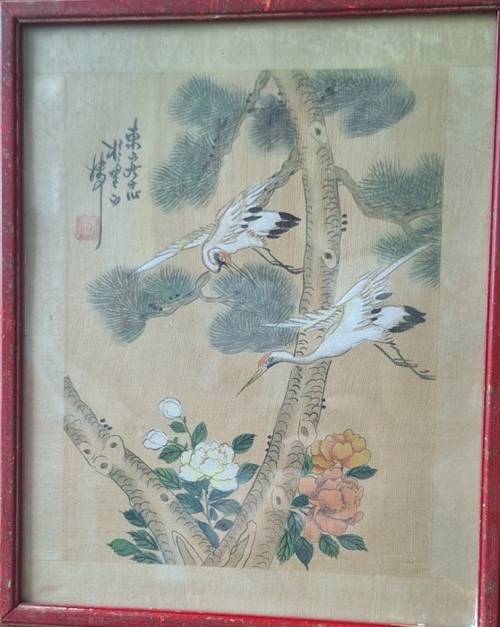 Set 2 picturi asiatice originale pe mătase &ndash; cocori și flori, stil Gongbi