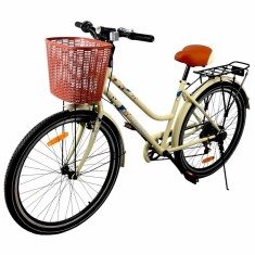 Bicicleta dama, 26 inch, 7 viteze, cos cumparaturi, portbagaj, v-brake, crem