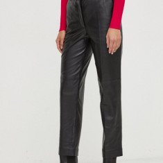 Ivy Oak pantaloni de piele femei, culoarea negru, drept, high waist