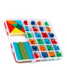 Joc educativ Montessori Tangram din lemn, multicolor, 20 x 19 x 2 cm, 7 piese geometrice, 30 bete pentru numarare, cifre 1-20 si 8 simboluri matematic