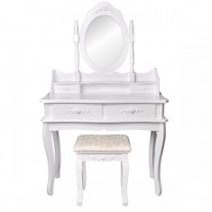 Set Masa Toaleta pentru Machiaj cu Oglinda Ovala Reglabila, 4 Sertare + Scaun, Culoare Alb foto