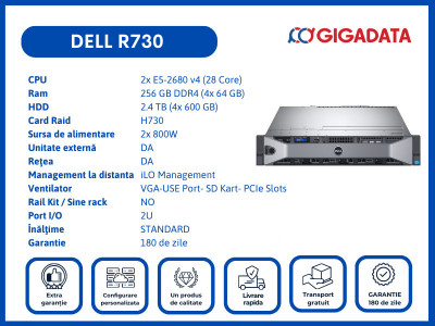 Dell R730 2x E5-2680 v4 256GB H730 2.4TB 2x PS 6 Luni Garantie foto