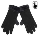 Manusi dama din piele intoarsa, negre, cu blana artificiala si varf touchscreen, 1 pereche, CMCLASS
