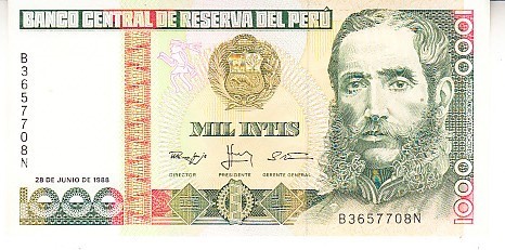 M1 - Bancnota foarte veche - Peru - 1000 intis - 1988