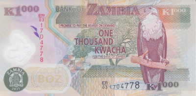 Bancnota Zambia 1.000 Kwacha 2011 - P44h UNC ( polimer ) foto