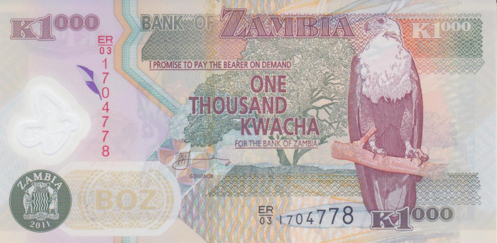 Bancnota Zambia 1.000 Kwacha 2011 - P44h UNC ( polimer )