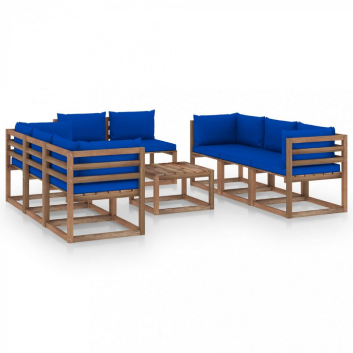Set mobilier de grădină cu perne albastre, 9 piese