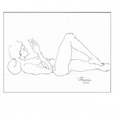 E33. Tablou, Nud culcat in stil minimalist, grafica tus, ne-inramat, 21 x 29 cm