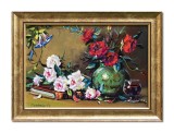 Cumpara ieftin Tablou pictat manual inramat, Aranjament cu trandafiri si carte, 40x30cm ulei pe panza, Mircea Iordache