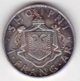 Albania 1 Frang Ar 1935, Zog I, argint .835, 5 g, KM 16