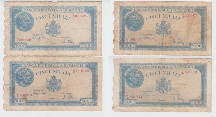 ROMANIA - LOT 5000 LEI 02.05+18.10 1944 + 5000 LEI 20.03+21.08 1945, B1.186