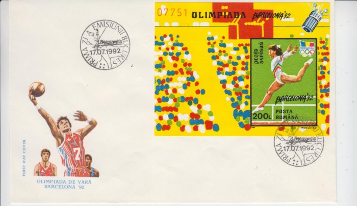 C12 - FDC Romania - JO de vara - Barcelona - colita nedantelata - LP1291 - 1992