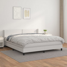 vidaXL Pat box spring cu saltea, alb, 180x200 cm, piele ecologică