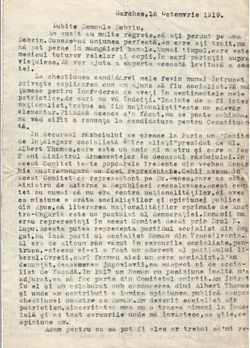 A3809N Traian Vuia, scrisoare inedită, 16 oct 1919, Garches, Franța, către prefectul jud Caraș, George Dobrin, &icirc;și afirmă cu tărie crezul politic