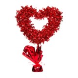 Decoratiune Valentine Day, inima din beteala tip ghirlanda pe o baza festiva impodobita cu funda rosie, tema Ziua indragostitilor, inaltime 40 cm